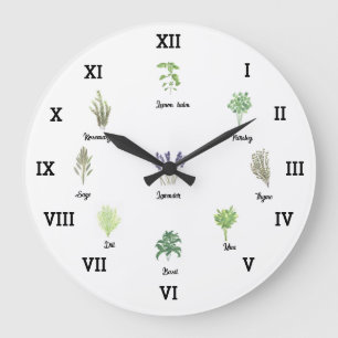 Grande Horloge Ronde Herbes Aquarelle Cuisine Jardin Épices verts Thyme