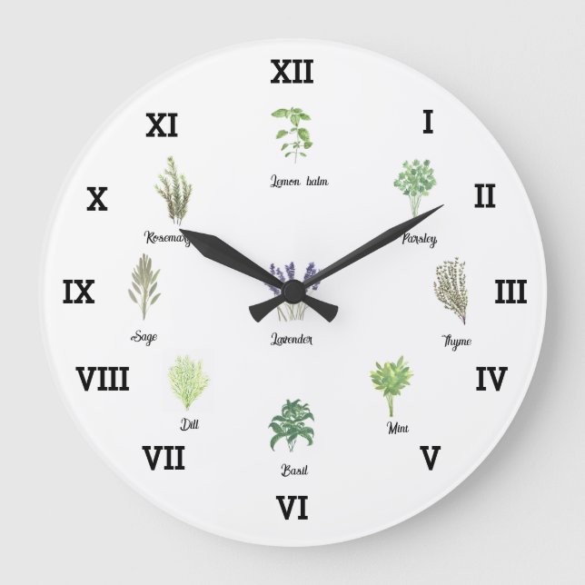 Grande Horloge Ronde Herbes Aquarelle Cuisine Jardin Épices verts Thyme (Recto)