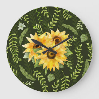 Grande Horloge Ronde Herbes de tournesols Feuille Motif d'aquarelle