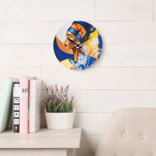 Grande Horloge Ronde Héritage Doré : Reine Africaine Acrylique Murale V
