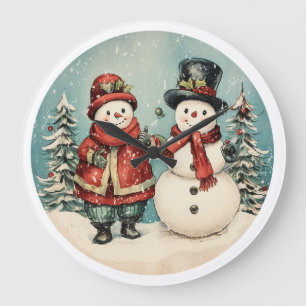 Grande Horloge Ronde Heure de gel - Noël Vintage de bonhomme de neige