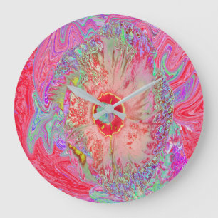 Grande Horloge Ronde Hibiscus Arc-en-Ciel Corail Rétro Psychedélique