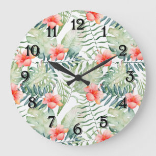 Grande Horloge Ronde Hibiscus Feuille tropical Aquarelle florale