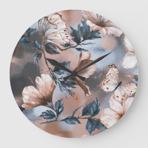 Grande Horloge Ronde Hibiscus floral aquarelle, motif papillon.
