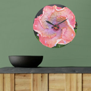 Grande Horloge Ronde Hibiscus rose et Lilac Blossom Floral Botanique