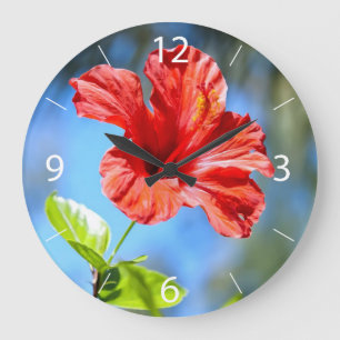 Grande Horloge Ronde Hibiscus rouge