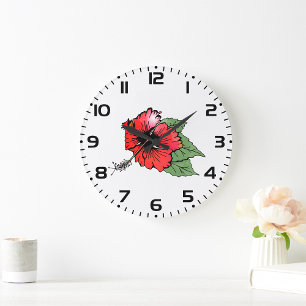 Grande Horloge Ronde Hibiscus rouge tropical avec Feuilles verts