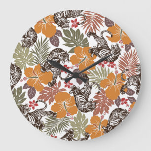 Grande Horloge Ronde Hibiscus Tiger, Motif exotique.