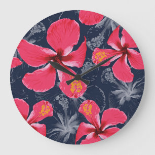 Grande Horloge Ronde Hibiscus Tropical Fleurs été Design