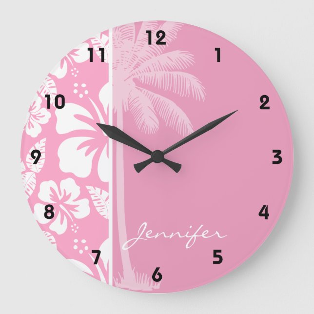 Grande Horloge Ronde Hibiscus Tropical Rose Carnation; Palme D'Été (Recto)