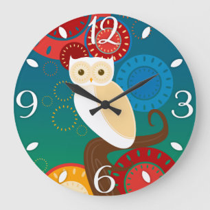 Grande Horloge Ronde Hibou bleu de coucher du soleil
