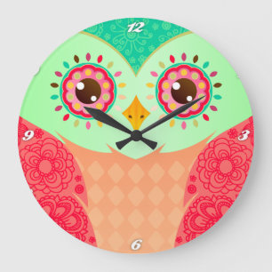 Grande Horloge Ronde Hibou rouge et vert de Boho