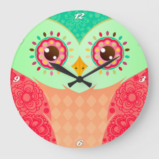 Grande Horloge Ronde Hibou rouge et vert de Boho