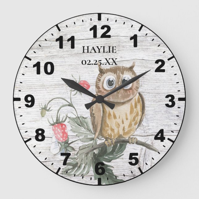 Grande Horloge Ronde Hibou rustique sur une planche de grange en bois d (Recto)