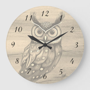 Grande Horloge Ronde Hibou Sepia Bois Beige Chiffres rustiques