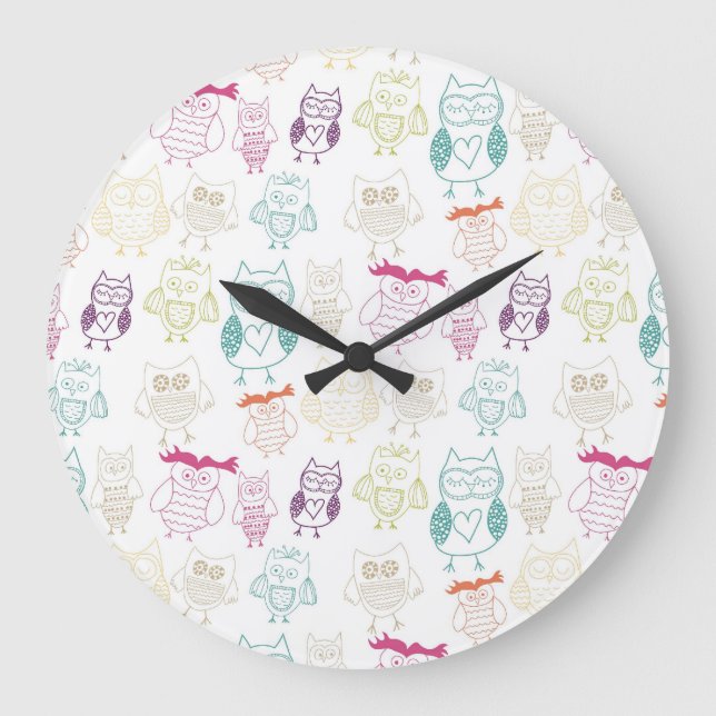 Grande Horloge Ronde Hiboux multicolores de griffonnage (Recto)