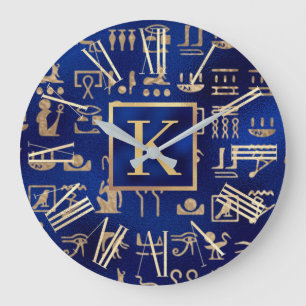 Grande Horloge Ronde Hiéroglyphes d'Égypte or sur Blue Intial