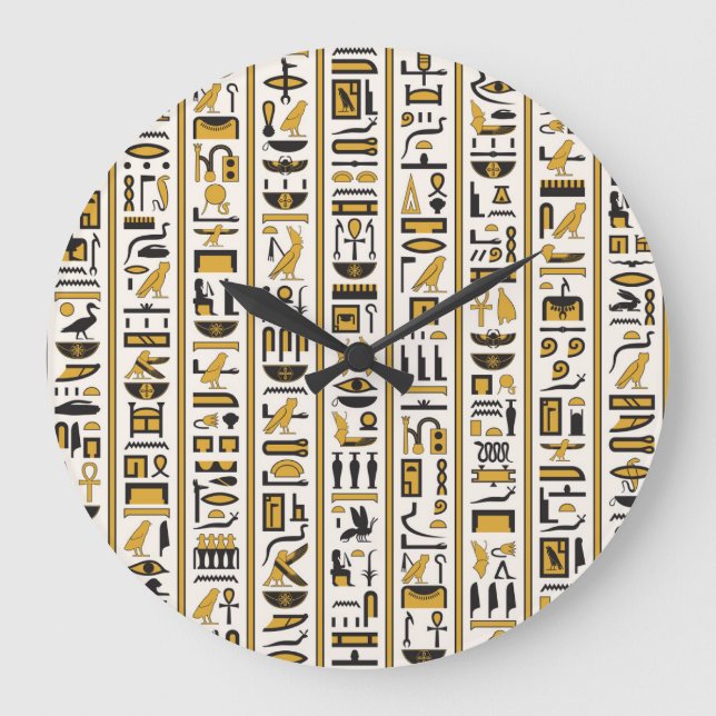 Grande Horloge Ronde Hiéroglyphes égyptiens : Jaune-Noir Sans Seamless. (Recto)