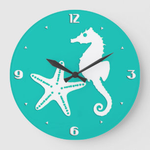Grande Horloge Ronde Hippocampe et étoile de mer - blanc sur turquoise