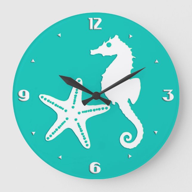 Grande Horloge Ronde Hippocampe et étoile de mer - blanc sur turquoise (Recto)