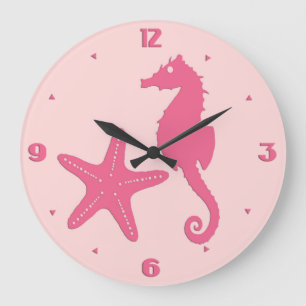 Grande Horloge Ronde Hippocampe et étoiles de mer - nuances du rose de