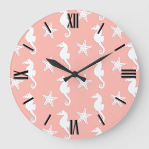 Grande Horloge Ronde Hippocampe et étoiles de mer - rose de corail