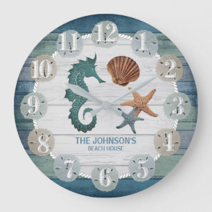 Grande Horloge Ronde Hippocampe et plage Bois nautique - Bleu foncé Tur