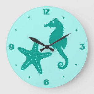 Grande Horloge Ronde Hippocampe et poisson étoile - turquoise et aqua