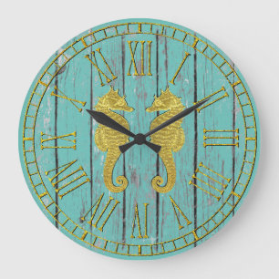 Grande Horloge Ronde Hippocampes d'or votre bois patiné de couleur