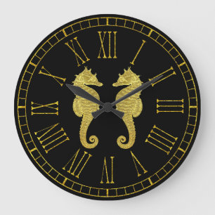 Grande Horloge Ronde Hippocampes d'or votre couleur d'arrière - plan