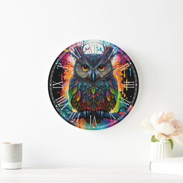 Grande Horloge Ronde Hippy Owl, Imaginaire psychédélique (Maison)