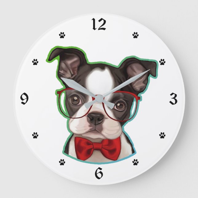 Grande Horloge Ronde Hipster de l'art culte Pop Boston Terrier Dog (Recto)
