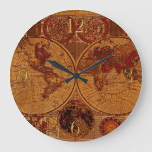 Grande Horloge Ronde Historique de la carte de l'Ancien Monde vintage