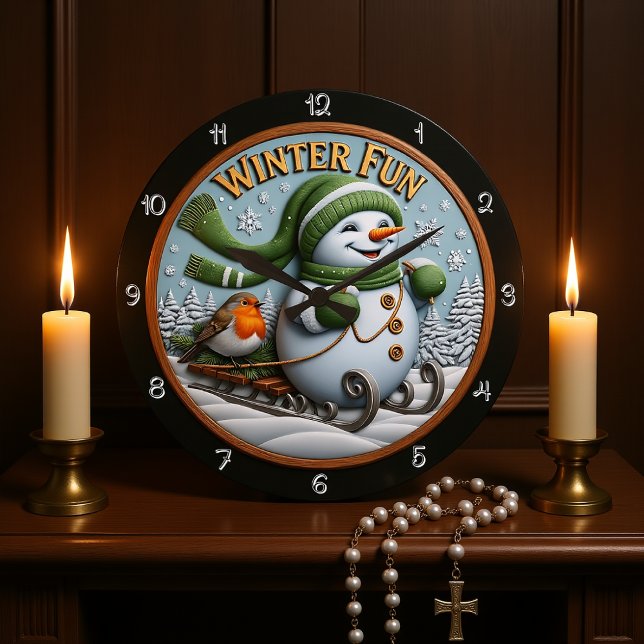 Grande Horloge Ronde Hiver amusant Snowman Sledding Robin (Créateur téléchargé)