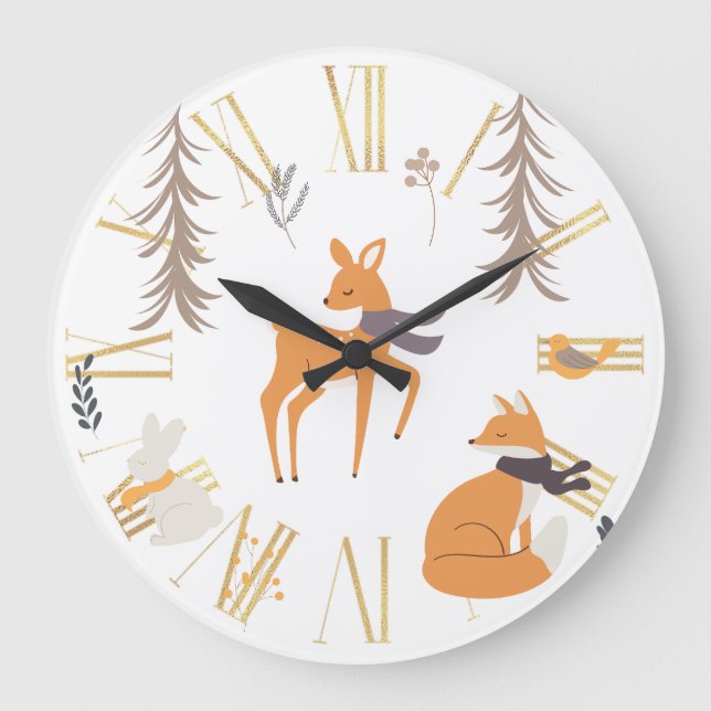 Grande Horloge Ronde Hiver Bois Animaux Folk Art Noël (Recto)