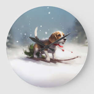 Grande Horloge Ronde hiver de neige de Noël beagle