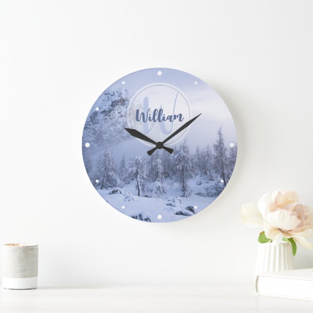 Grande Horloge Ronde Hiver merveilleux brouillard épinette forêt neige  (Maison)