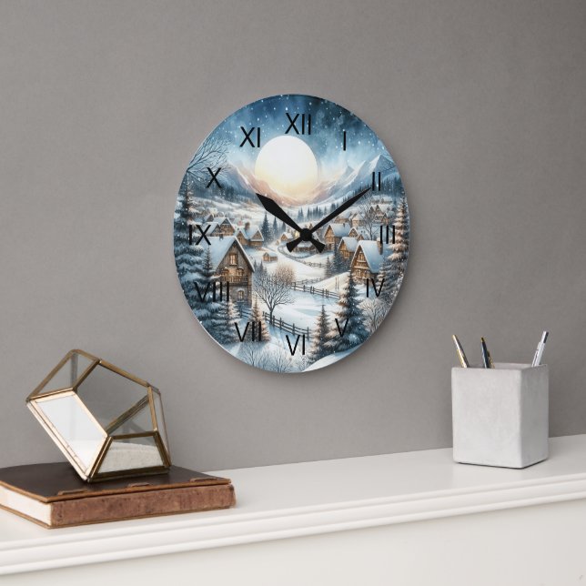 Grande Horloge Ronde Hiver Petites rues de ville Snowy Pleine lune Bleu (Bureau)
