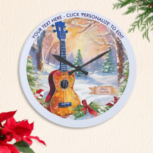 Grande Horloge Ronde Hiver Ukulele dans la neige texte personnalisé Noë