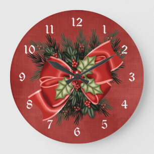 Grande Horloge Ronde Holiday Greenery & Red Bow Christmas Clock