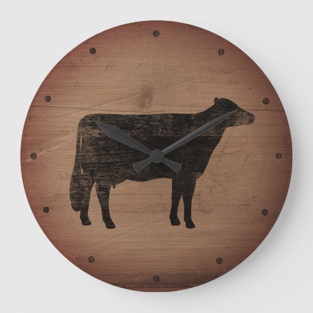 Grande Horloge Ronde Holstein Vache Silhouette Faux Bois Patiné Rustiqu (Recto)