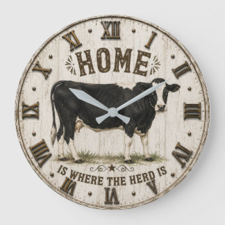 Grande Horloge Ronde Home Is Where the Herd Is Rustic Cow Farmhouse