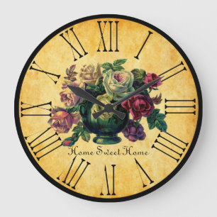 Grande Horloge Ronde Home Sweet Home Roses Vintage sur Style Rustique