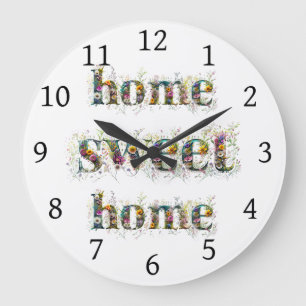 Grande Horloge Ronde HOME SWEET HOME texte décoratif en fleur sauvage