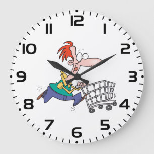 Grande Horloge Ronde Homme de dessin animé drôle courant avec un chario