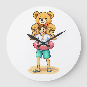 Grande Horloge Ronde Homme de dessin animé mignon avec un ours en peluc