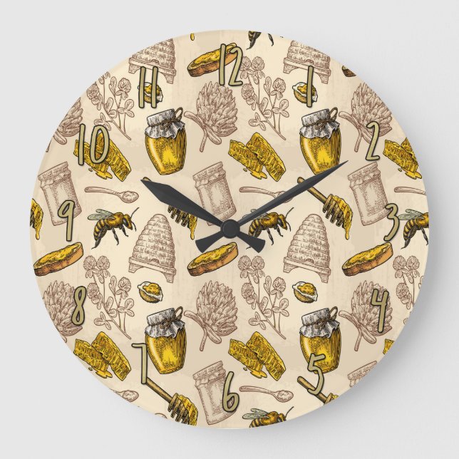 Grande Horloge Ronde Honey Bee Beehive Golden Yellow Vintage Organic (Recto)