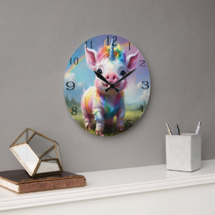 Grande Horloge Ronde "Hooves magiques : le cochon de licorne arc-en-cie