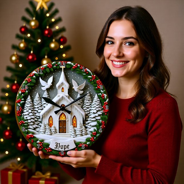 Grande Horloge Ronde Hope White Church Snow Doves (Créateur téléchargé)