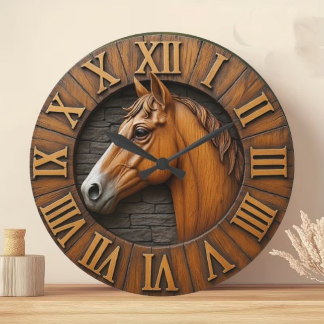 Grande Horloge Ronde Horse head wooden sculpture rustic carved wood  (Créateur téléchargé)
